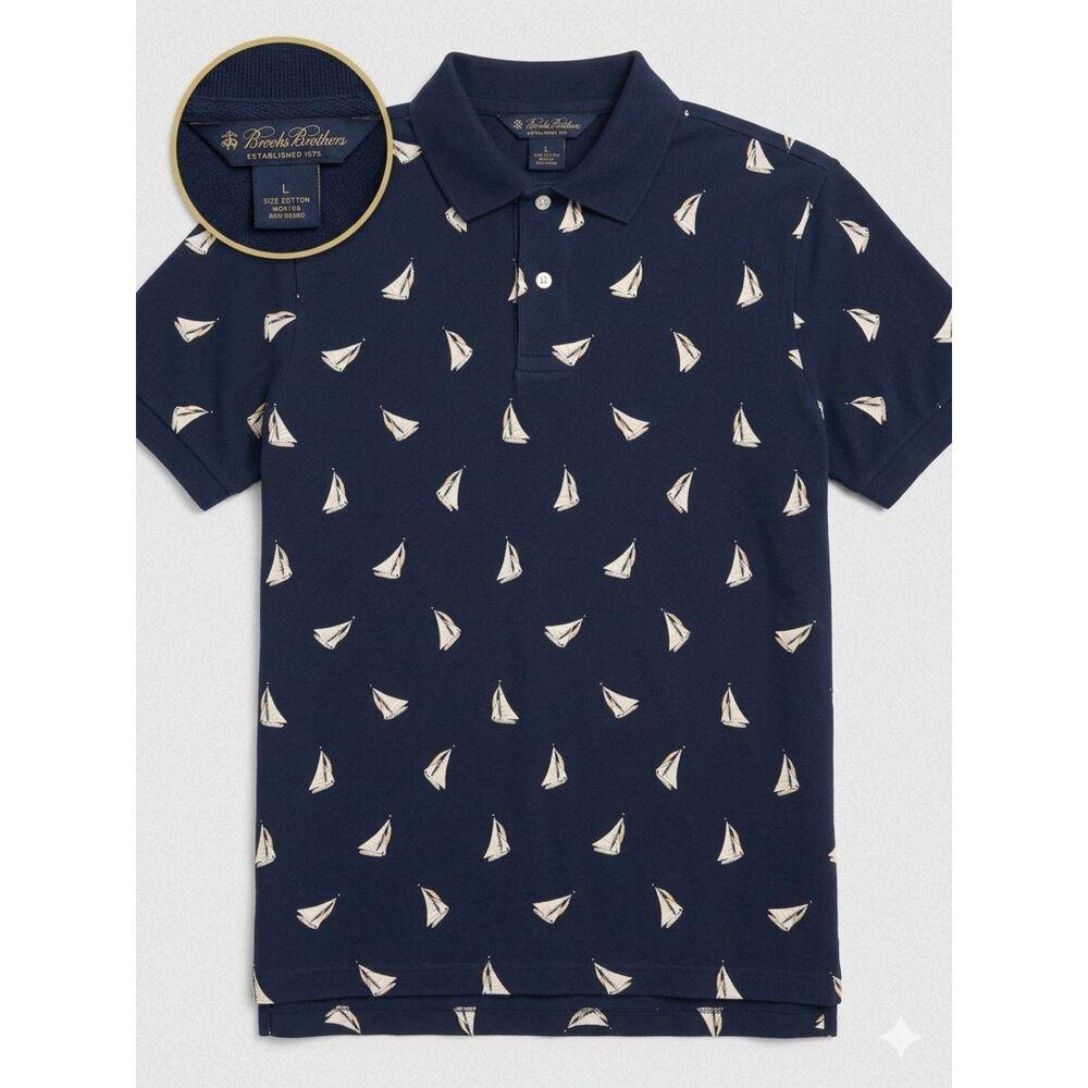 Brooks Brothers Boys L Navy Nautical Sailboat Print Cotton Short Sleeve Polo